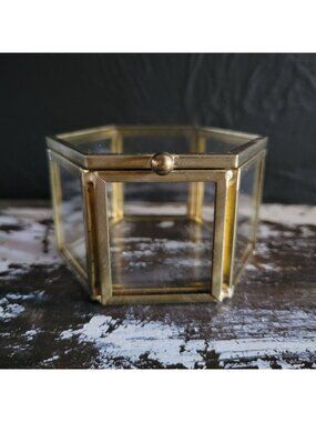 Vintage Glass and Brass Six-Sided Trinket Box Display Box, Glass Box
